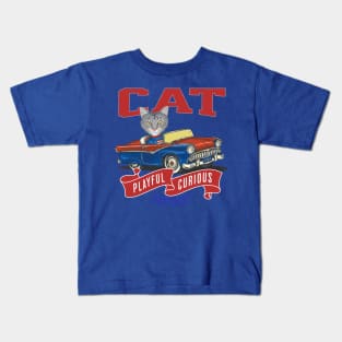 Humorous Funny and Cute gray Tabby kitty cat driving a vintage classic car to a parade with red white and blue flags Kids T-Shirt